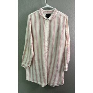 Tahari Tunic Beachy Linen‎ Shirt 1X White Brown Stripe Roll Tab Button Up Casual